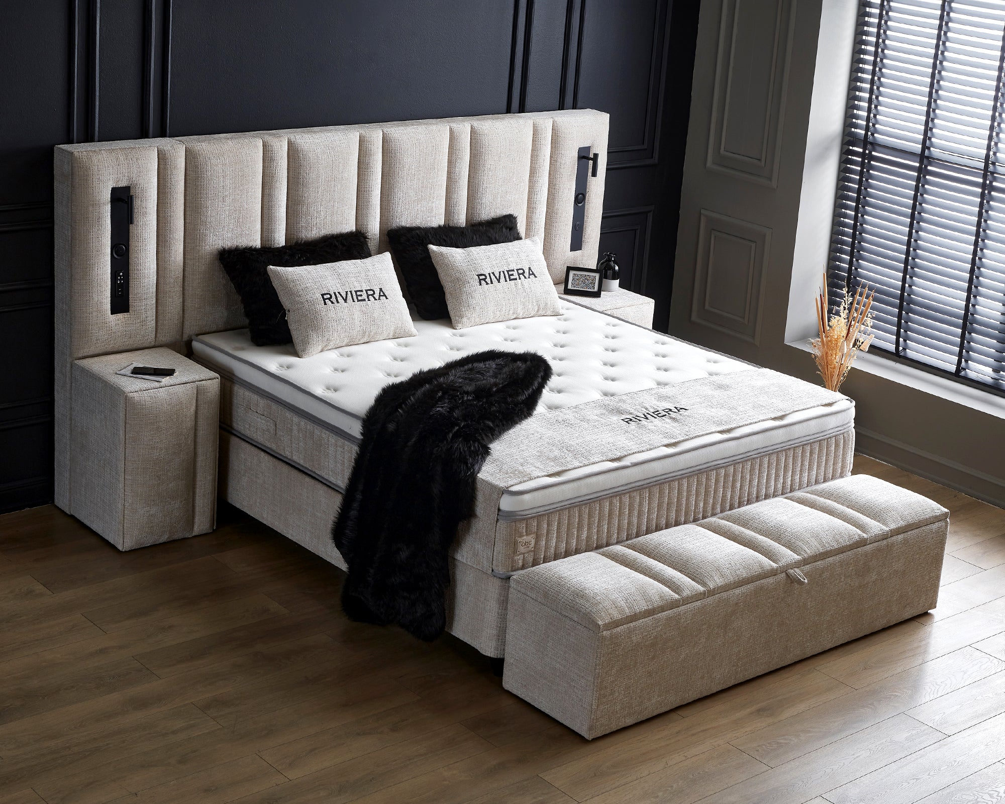 Boxspringbett Riviera Sandbeige Voll-orthopädisches Komfortbett mit Bettkasten, Stauraum, inkl. kostenlose Lieferung und Montage, inkl. Beleuchtung und integrierten USB-Steckdose im Kopfteil - Image 6