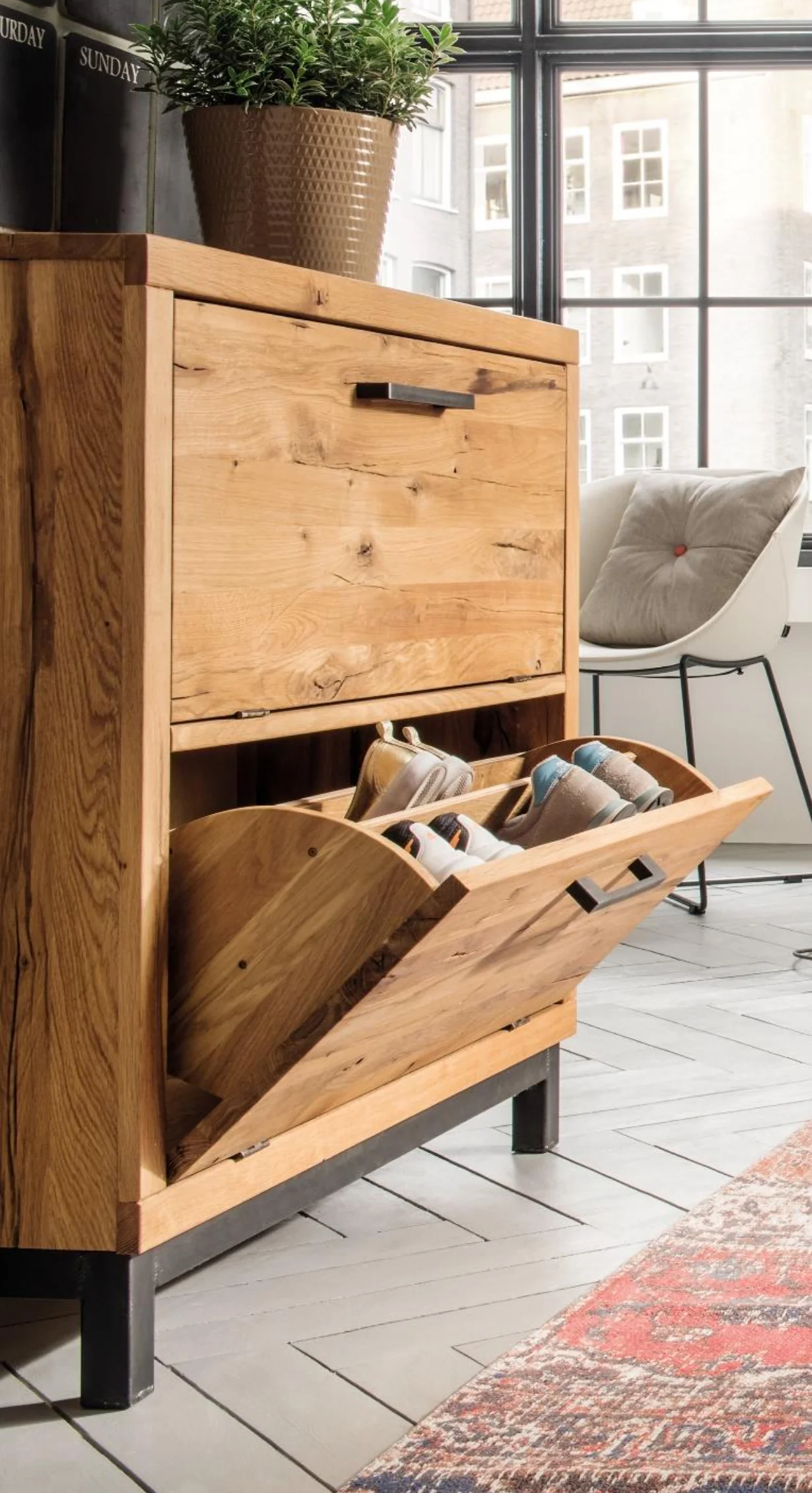 Schuhschrank Brest Wildeiche/ Kernbuche massiv B/H/T 90 x 90 x 38 cm - Image 4